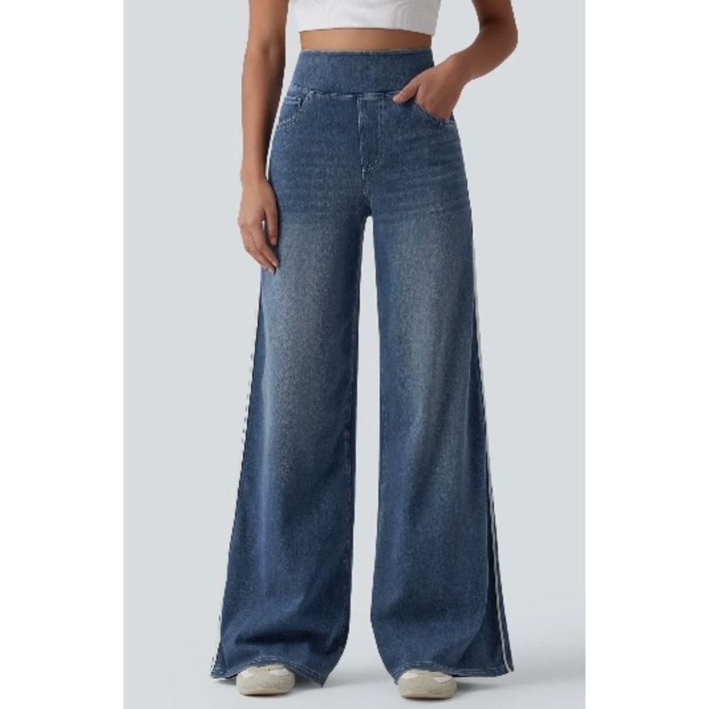 NWOT Halara Wide Leg Side Stripe Pull On Denim Pants Blue Large Regular Jeans